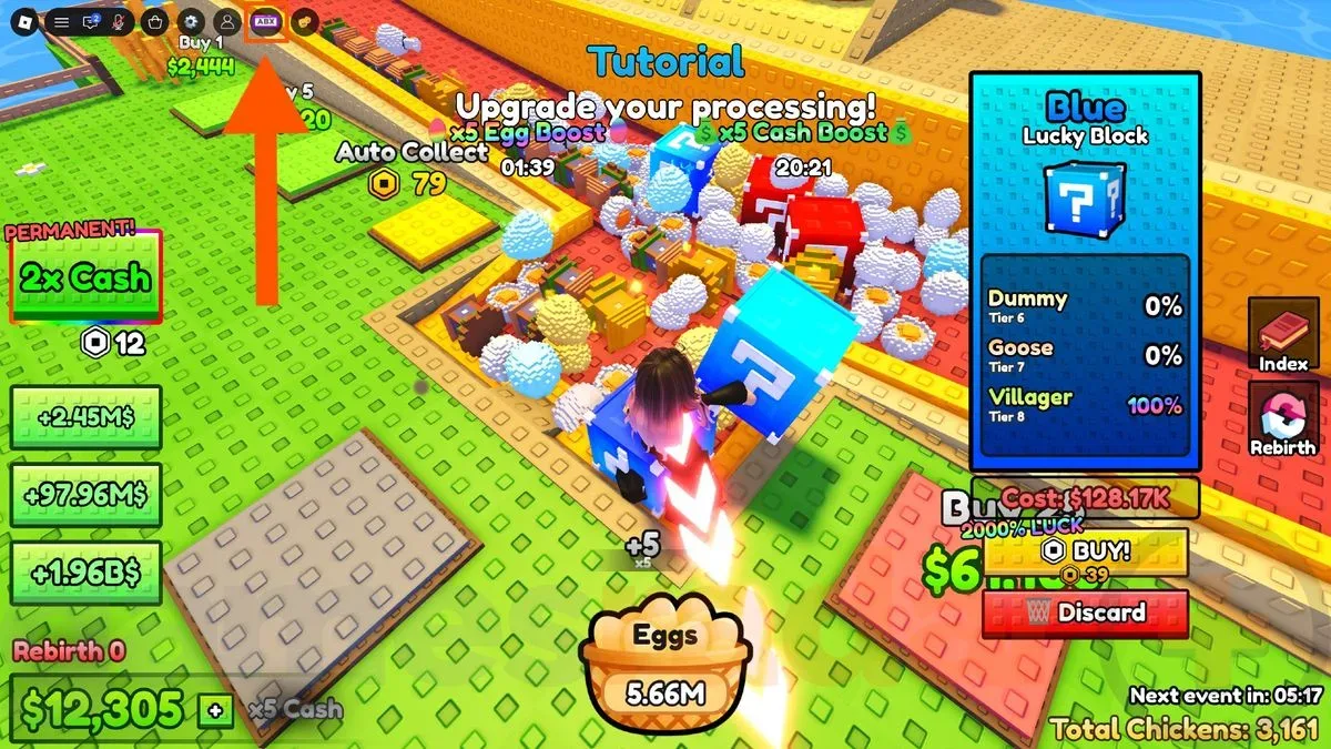 An orange arrow points to the Chicken Farm codes redemption button.