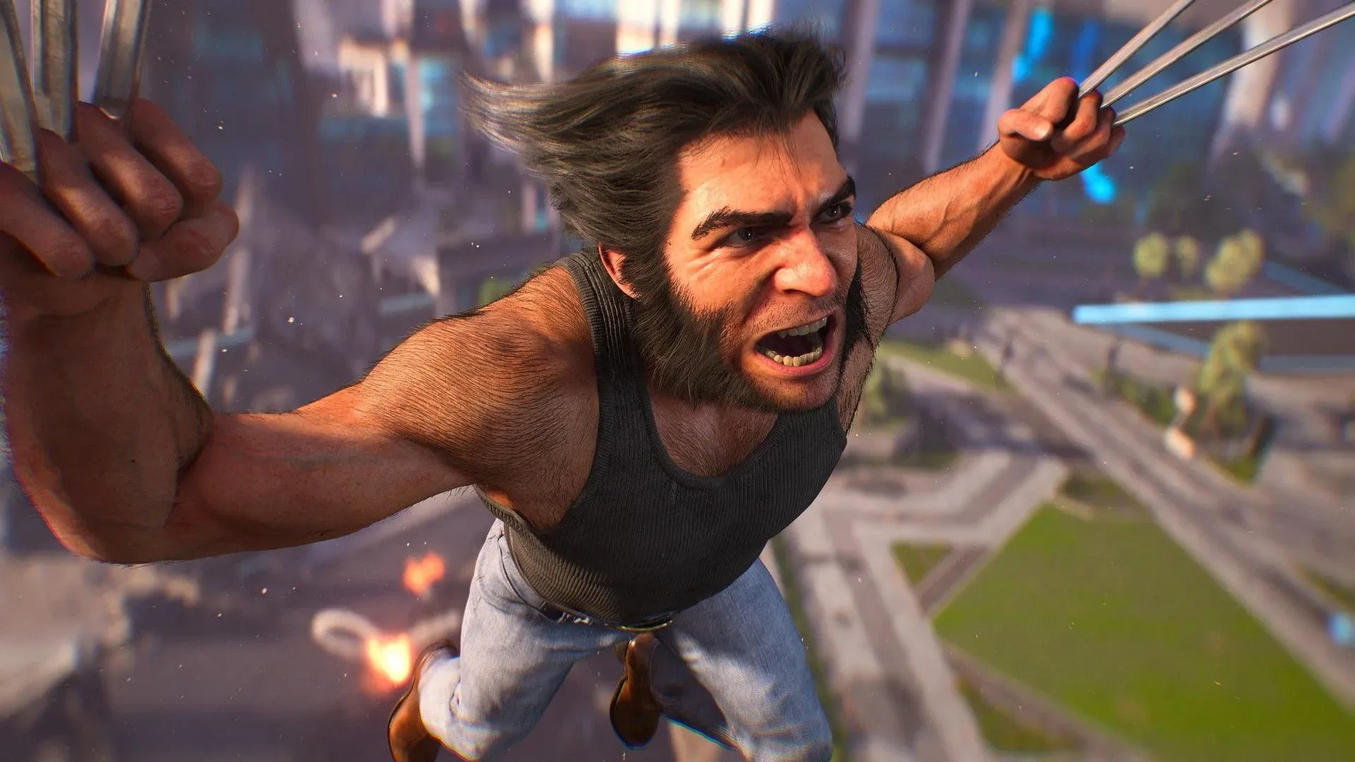 Logan in his black tanktop with pointy hair screams in Marvel's Wolverine as he is hurled into the air with his claws out