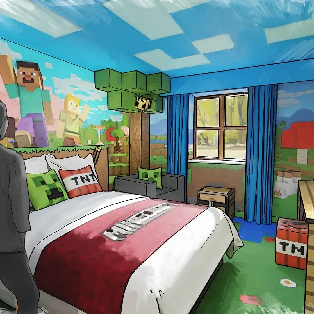 Minecraft World concept art showing block-built wooden houses and Minecraft-themed scenery