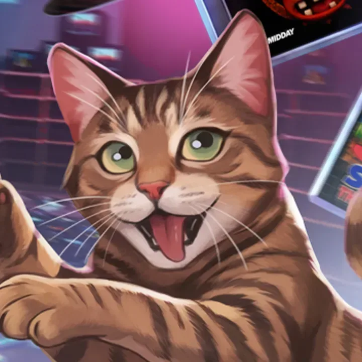 My Cat Scattered Games supermarket filled with fictional video game cases and consoles