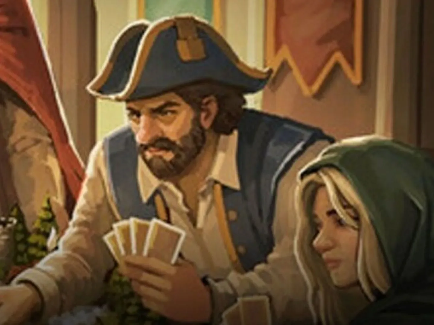 A bearded man in pirate garb holds a hand of cards close to his chest, literally