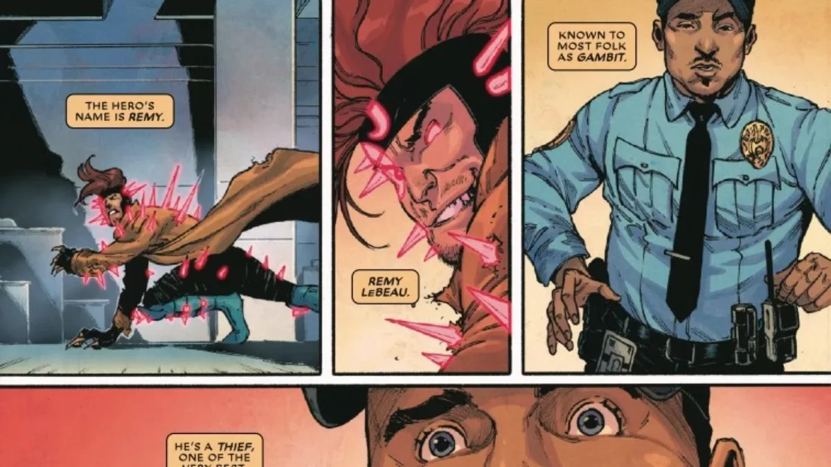 Corrupted Gambit with glowing pink eyes and jagged kinetic energy effects in Gambit: Wanted #3