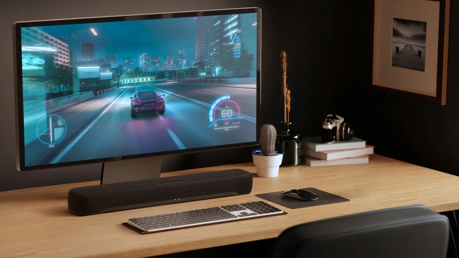 Yamaha B200A compact Dolby Atmos soundbar positioned beneath a gaming monitor