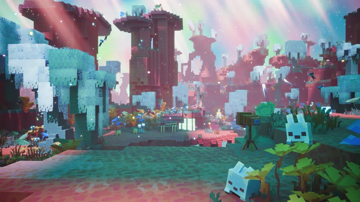 Minecraft’s colorful Sift dimension with pink vegetation