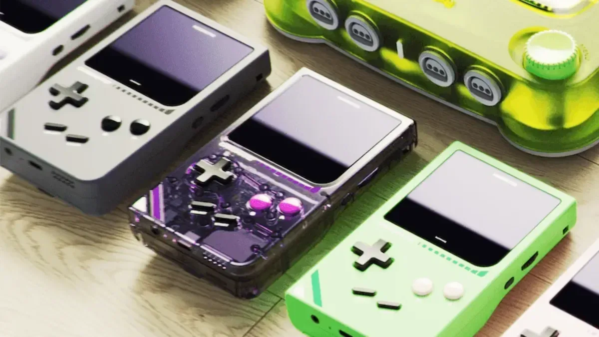 A transparent purple ModRetro Chromatic handheld shown in promotional imagery