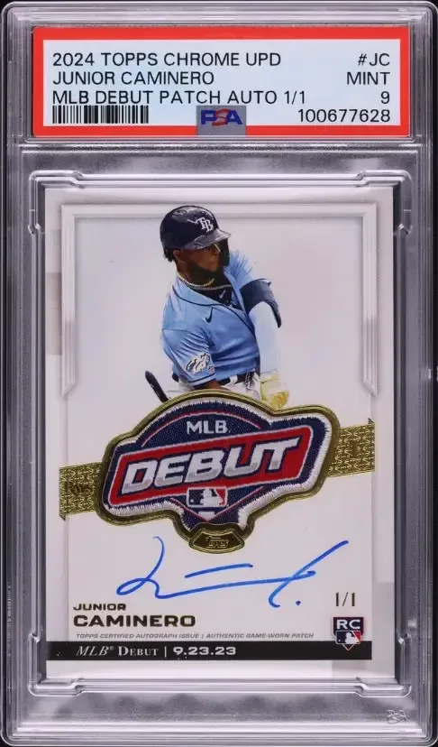 Junior Caminero 2024 Topps Chrome Update MLB Debut Rookie Patch Autograph graded PSA Mint 9