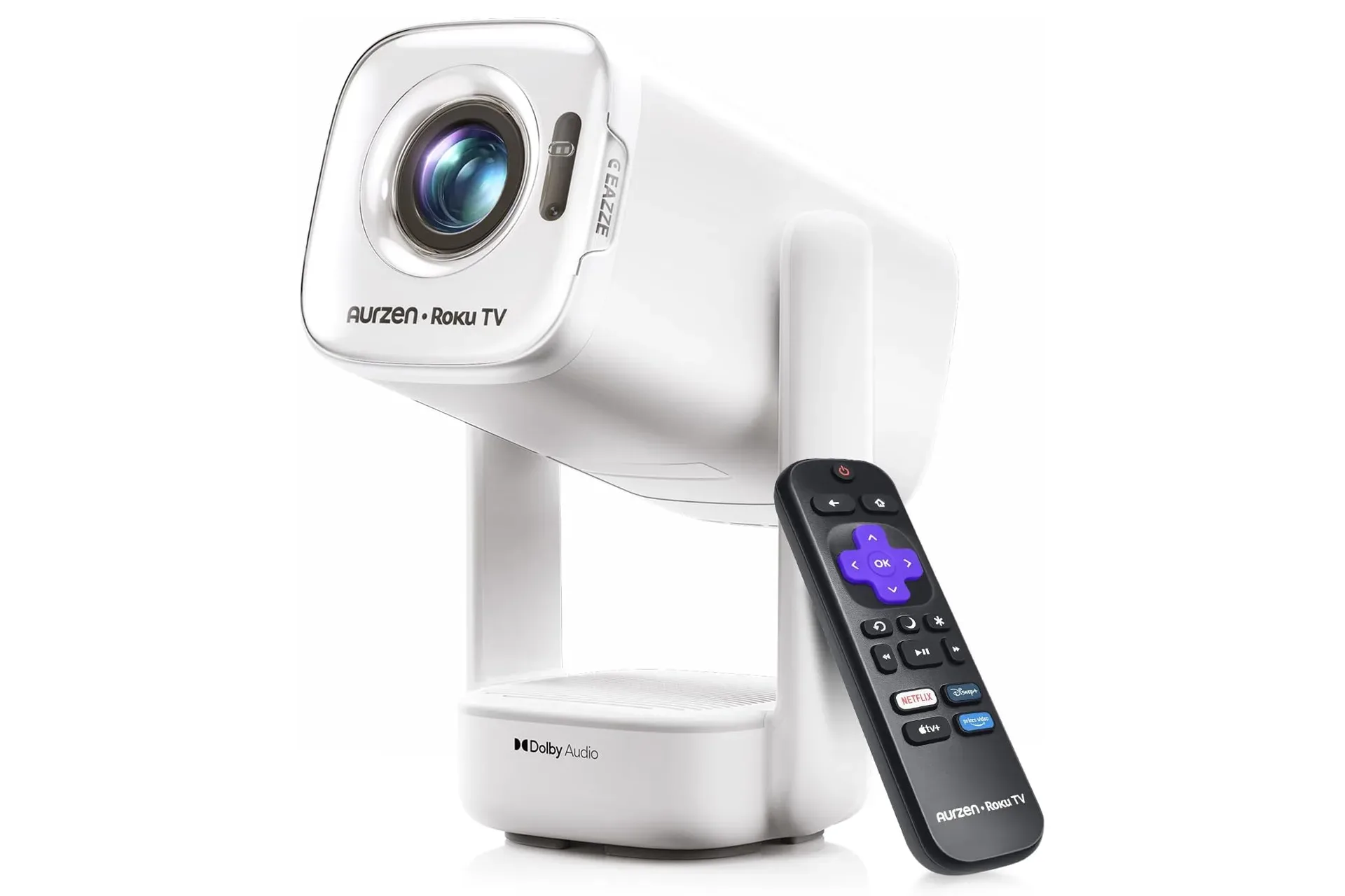 Aurzen Roku TV D1R Air portable projector aimed at a wall for a streaming night