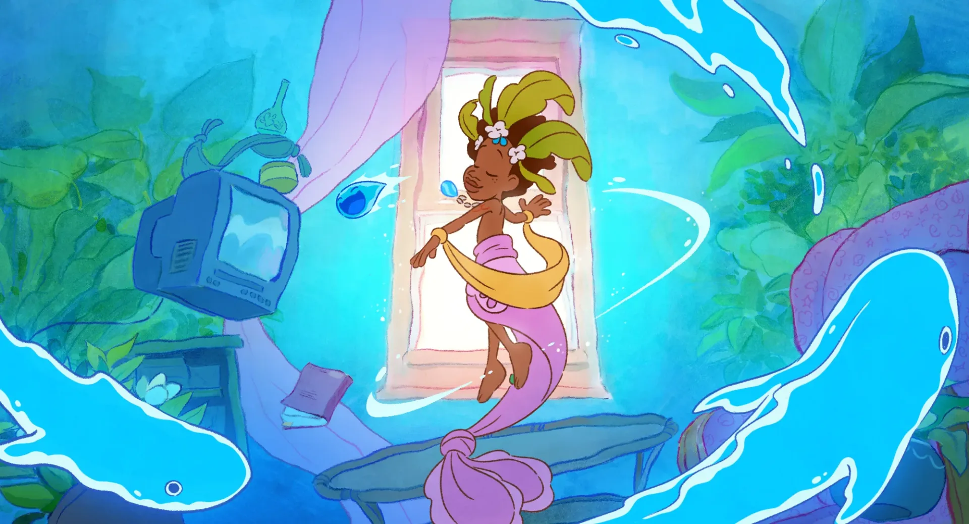 Hand-drawn animated scene evoking Julián’s mermaid imagination in a Brooklyn apartment