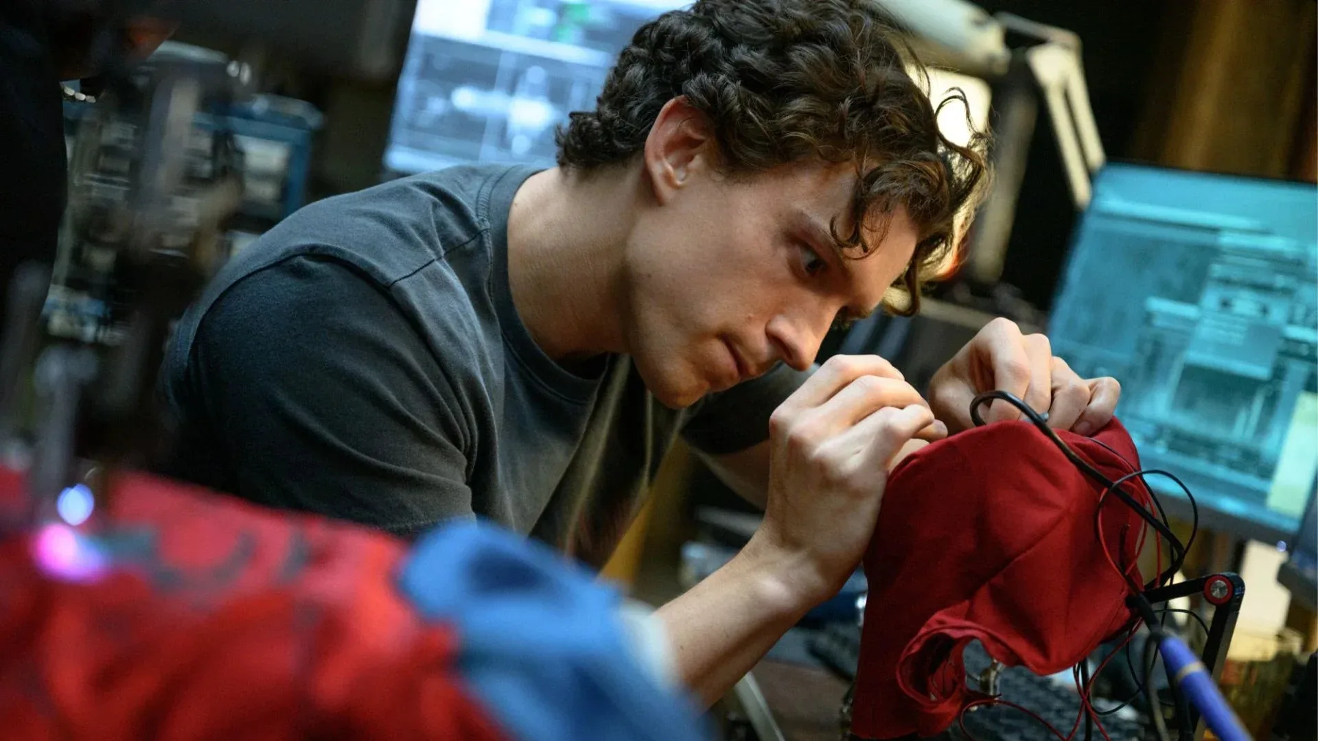Tom Holland as Spider-Man in a cinematic city scene