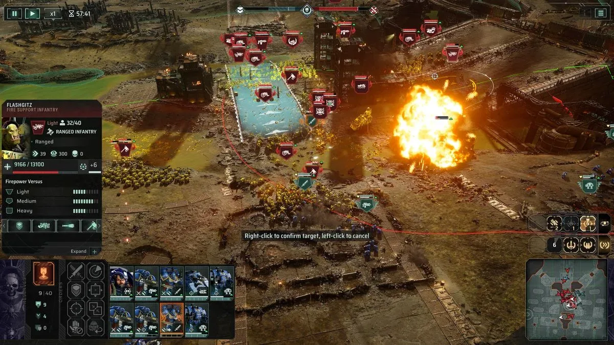 Total War: Warhammer 40K screenshot showing space marines fighting huge amounts of orcs, while a cluster bombing run is called in to support