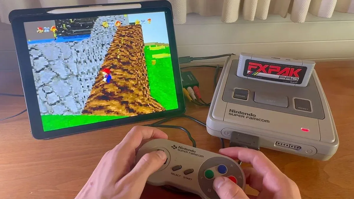 Super Mario 64 running in an in-progress build on SNES Super FX hardware