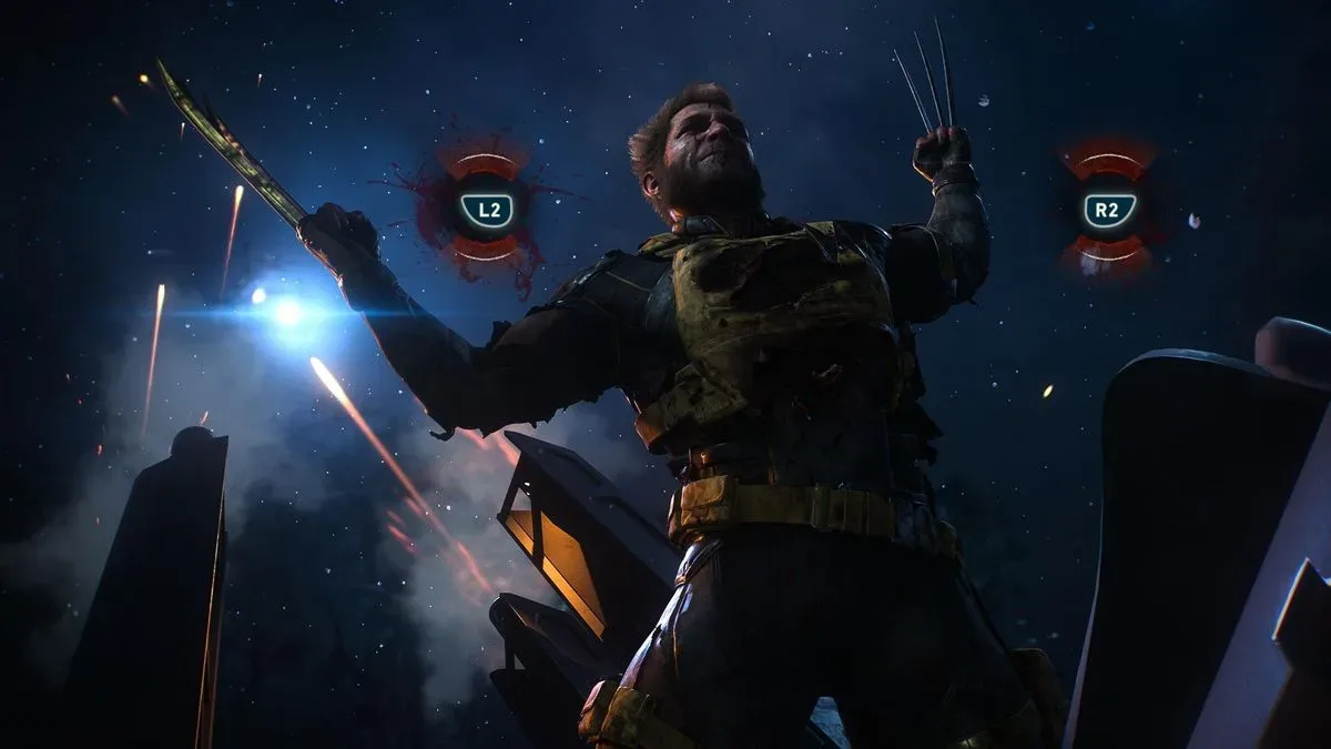 Wolverine raises his claws while under fire from a helicopter, with the L2 and R2 symbols above him in Marvel's Wolverine