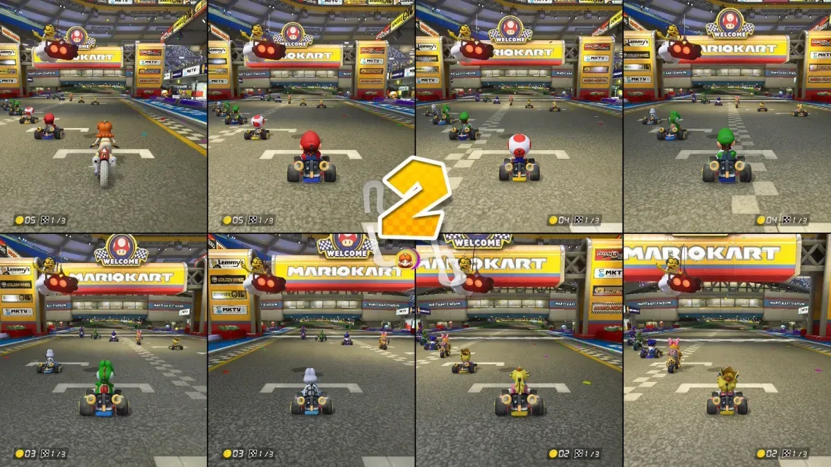 Eight racers competing in Mario Kart 8 Deluxe local multiplayer on Nintendo Switch 2