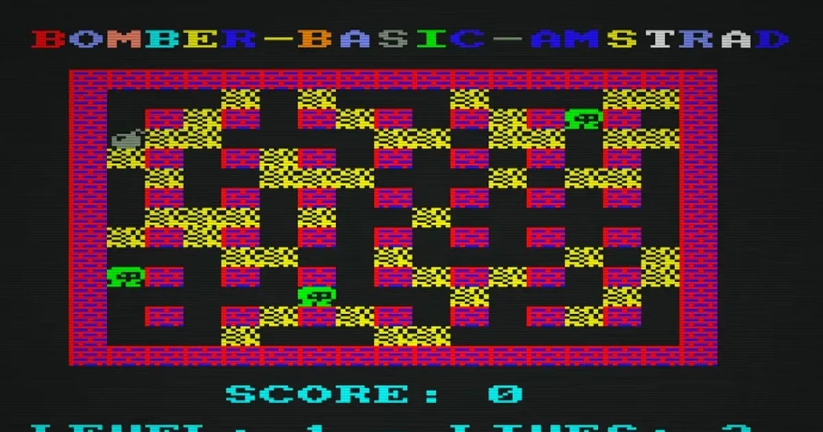 A robot navigating an underground bomb factory maze in Bomber Basic Amstrad