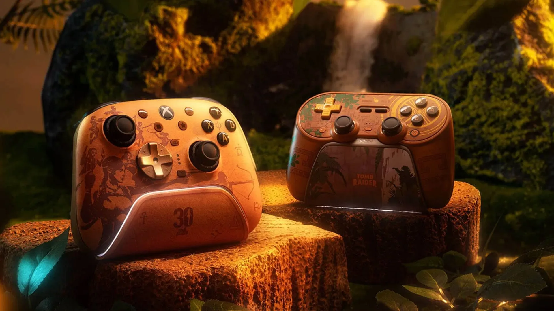 8BitDo Tomb Raider 30th Anniversary Ultimate 3 controller with gold Lara Croft silhouette artwork