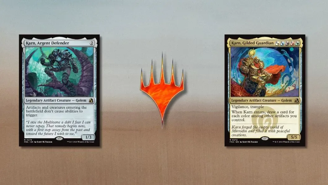 Karn, Argent Defender and Karn, Gilded Guardian borderless echoed-pairs cards from Magic: The Gathering Reality Fracture