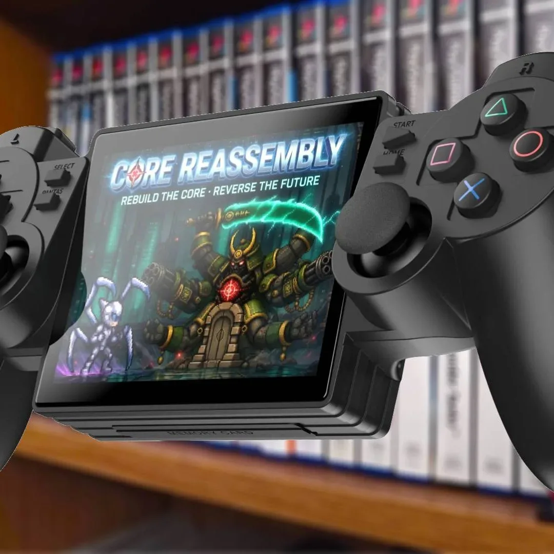 Close view of the Yoniq Portal handheld’s PlayStation-style face buttons