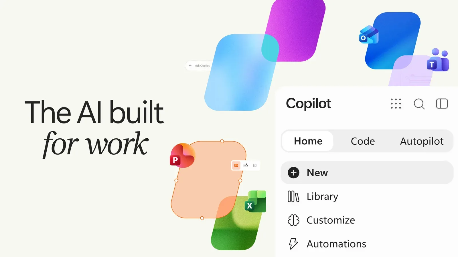 Microsoft Copilot app interface illustrating Home, Code and Autopilot tabs