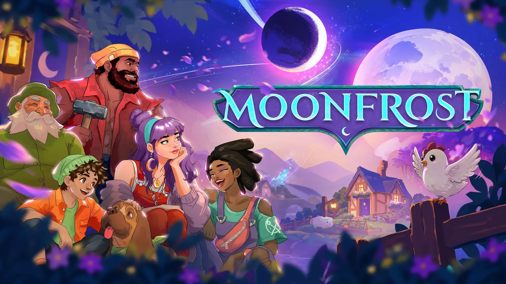 Moonfrost village restoration scene beneath a mysterious second moon