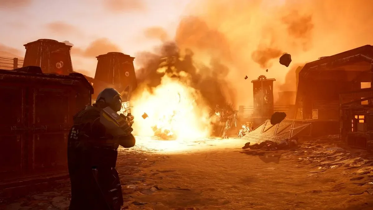 Helldivers 2 Ironclad Democracy Warbond helldiver firing Evictor grenade launcher at berserker automaton and blowing it up