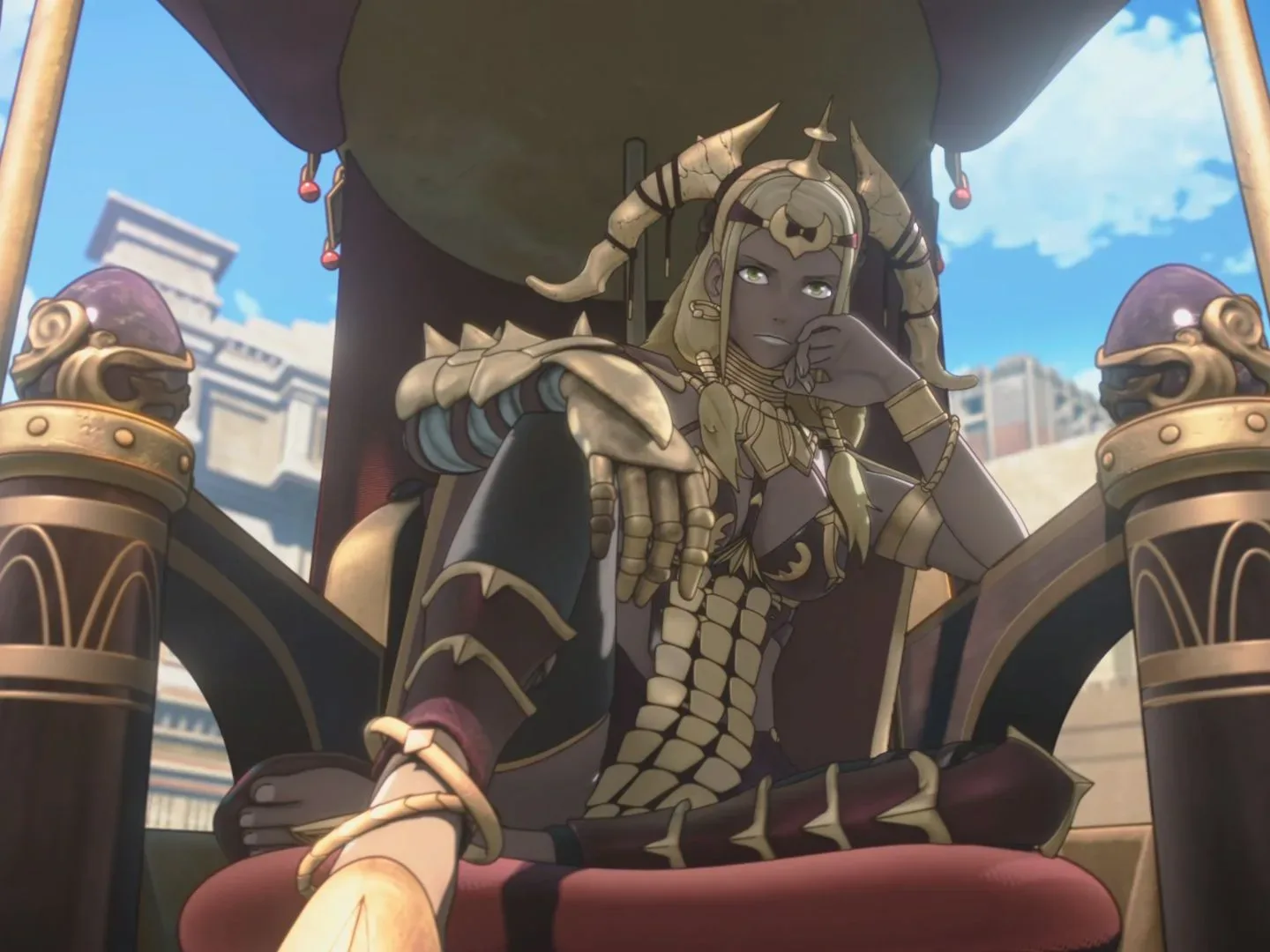 Theodora lounges in a chair in Fire Emblem: Fortune's Weave