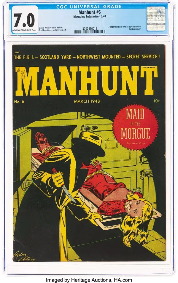 Manhunt #6 (Magazine Enterprises, 1948) front cover by Ogden Whitney. A knife-wielding man leans over a bound woman in an open morgue drawer; a burst advertises Maid in the Morgue.