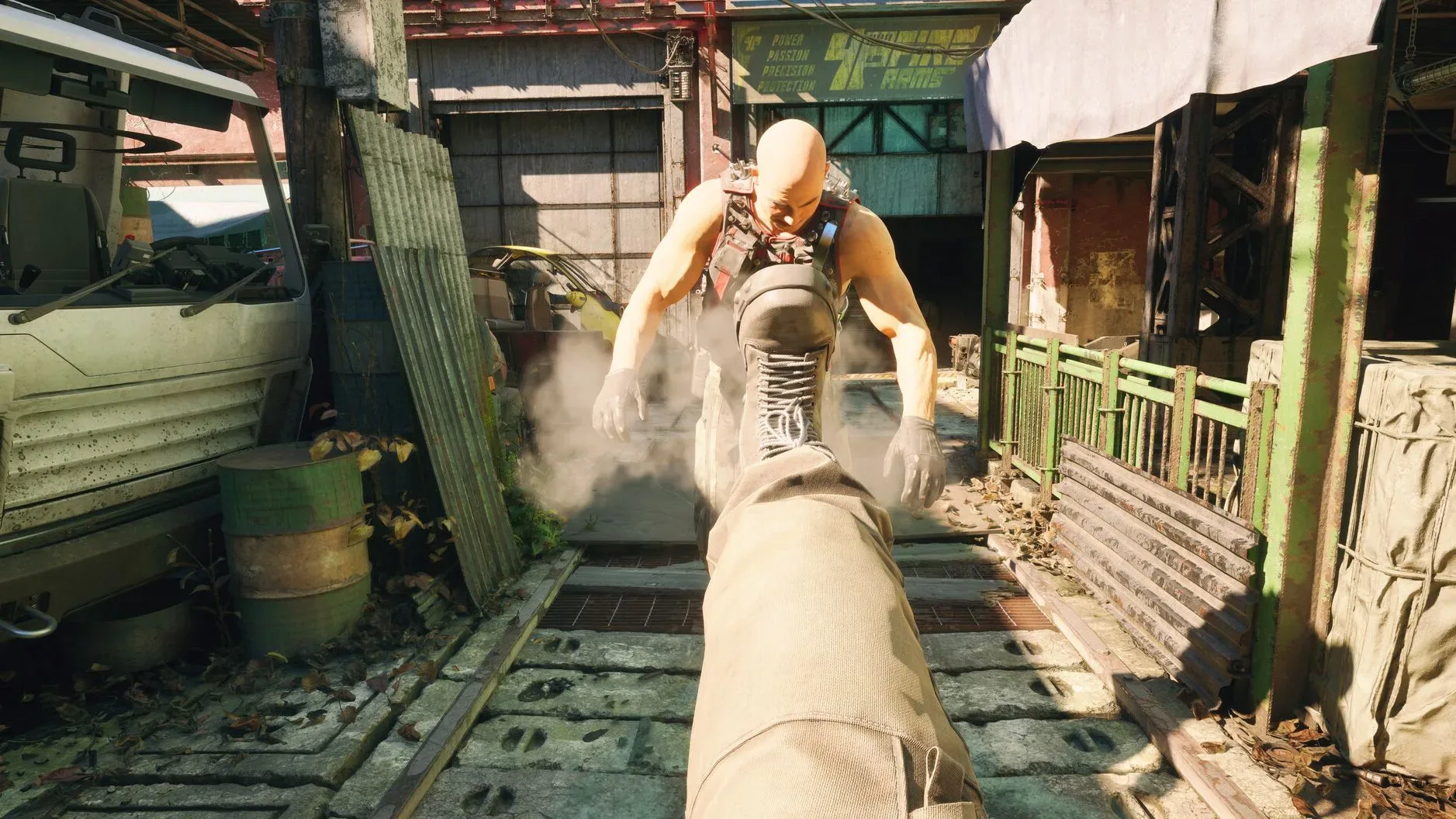 No Law screenshot showing the protagonist kicking a character backwards in first-person