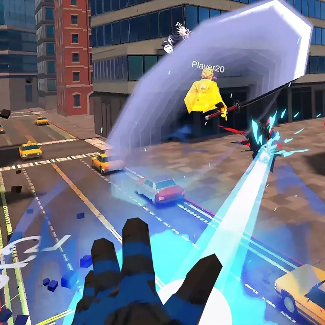 Press shot for Hero x Hero codes showing the player firing a blue energy beam from first-person perspective