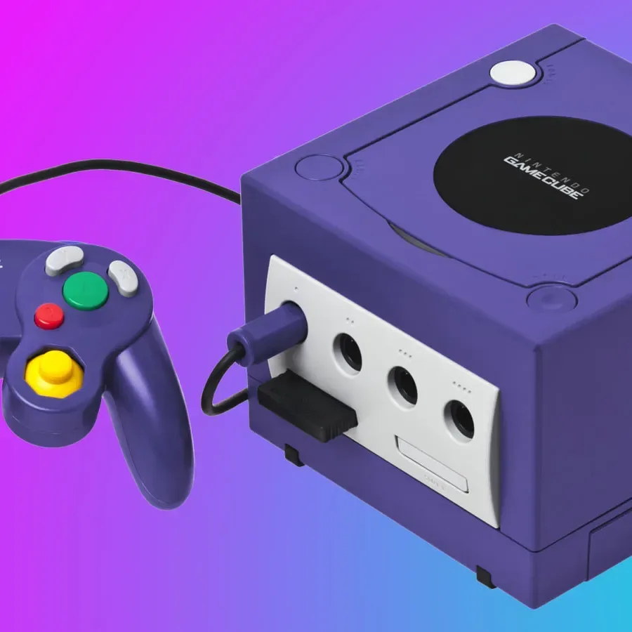 A purple Nintendo GameCube console with its built-in carry handle