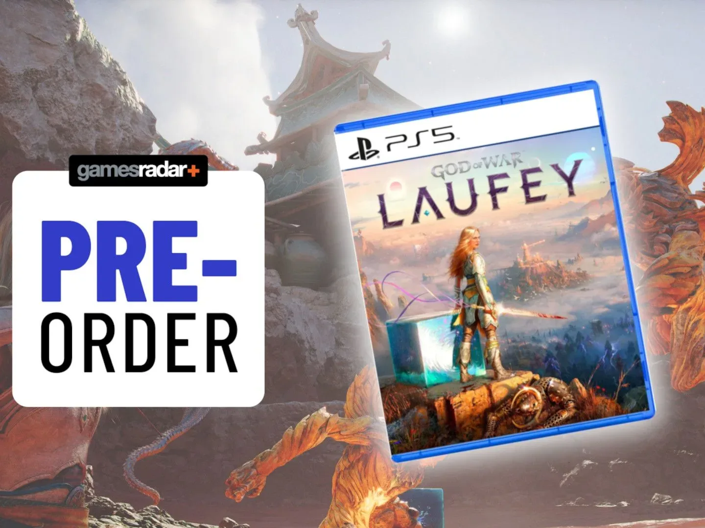 God of War Laufey PS5 box on a screenshot from the game with pre-order badge