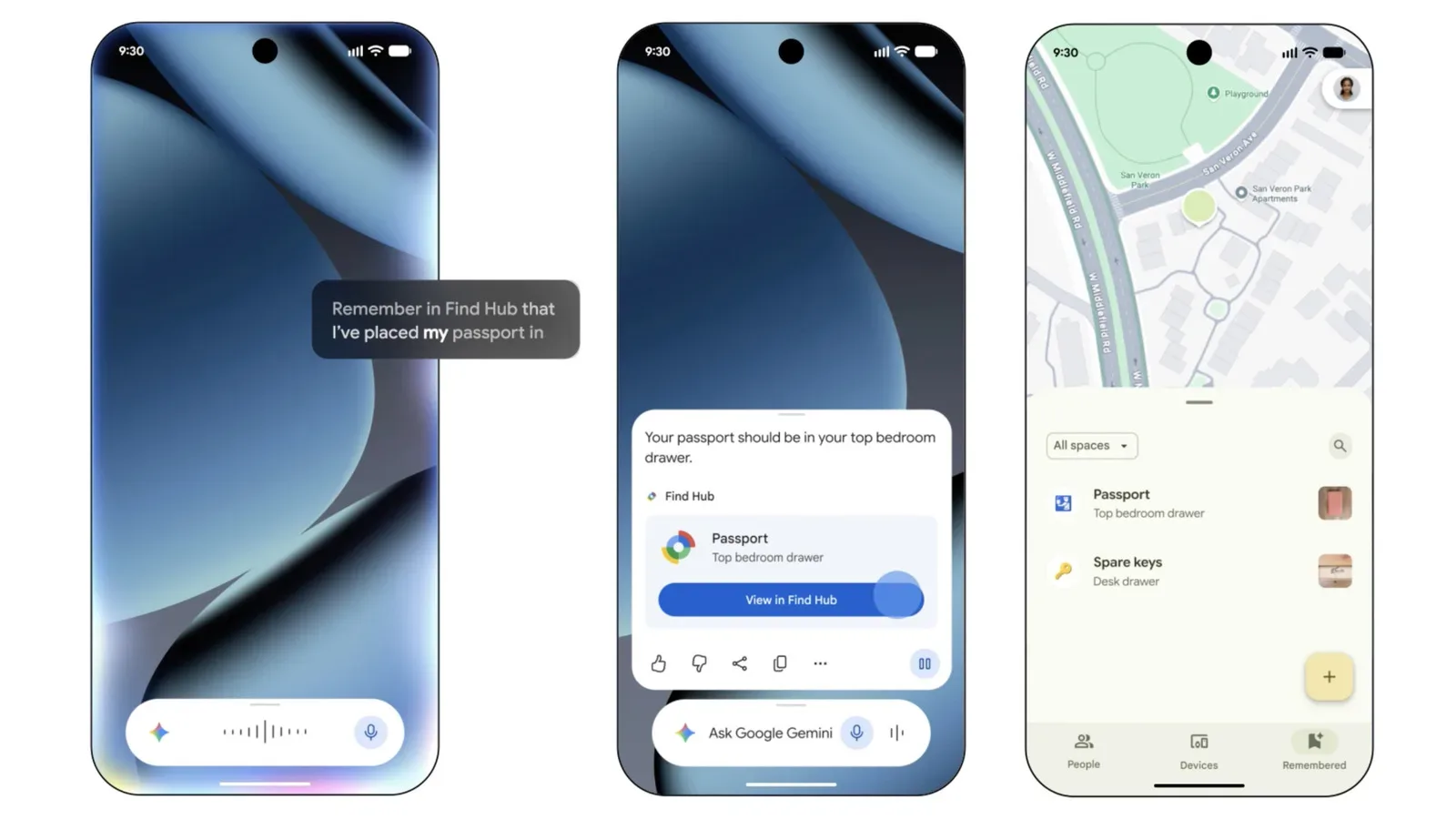 Android phone displaying a remembered passport location in Google Find Hub