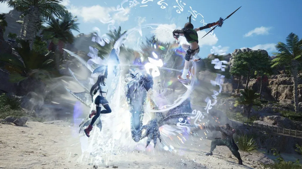 Yuffie, Tifa, and Barret combo attack an enemy in Final Fantasy 7 Revelation