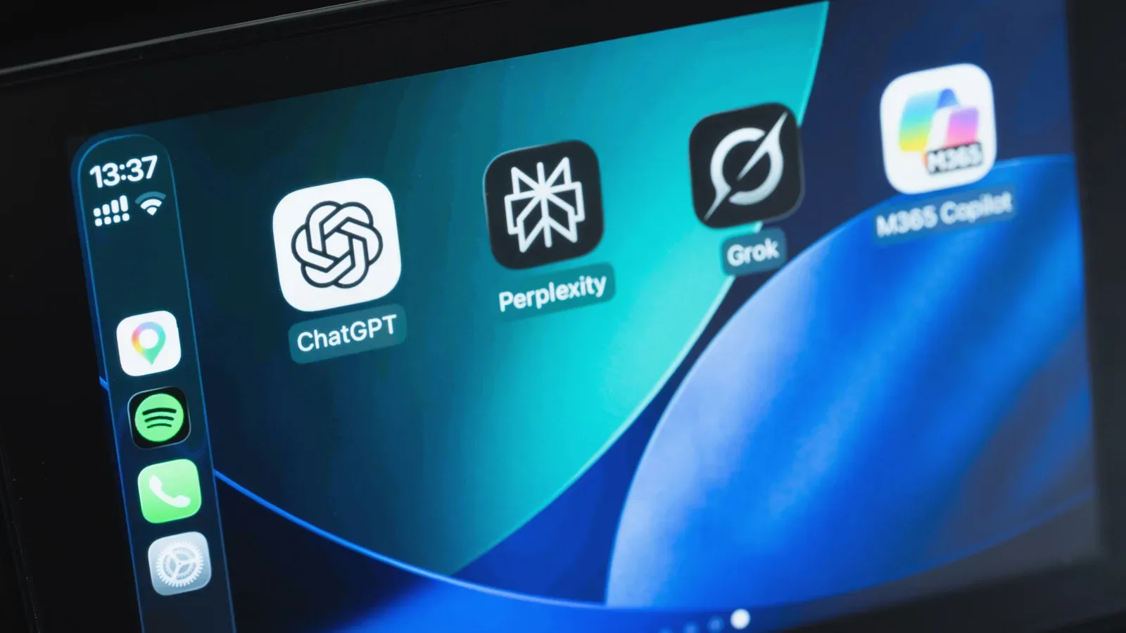 Apple CarPlay home screen showing supported voice chatbot apps