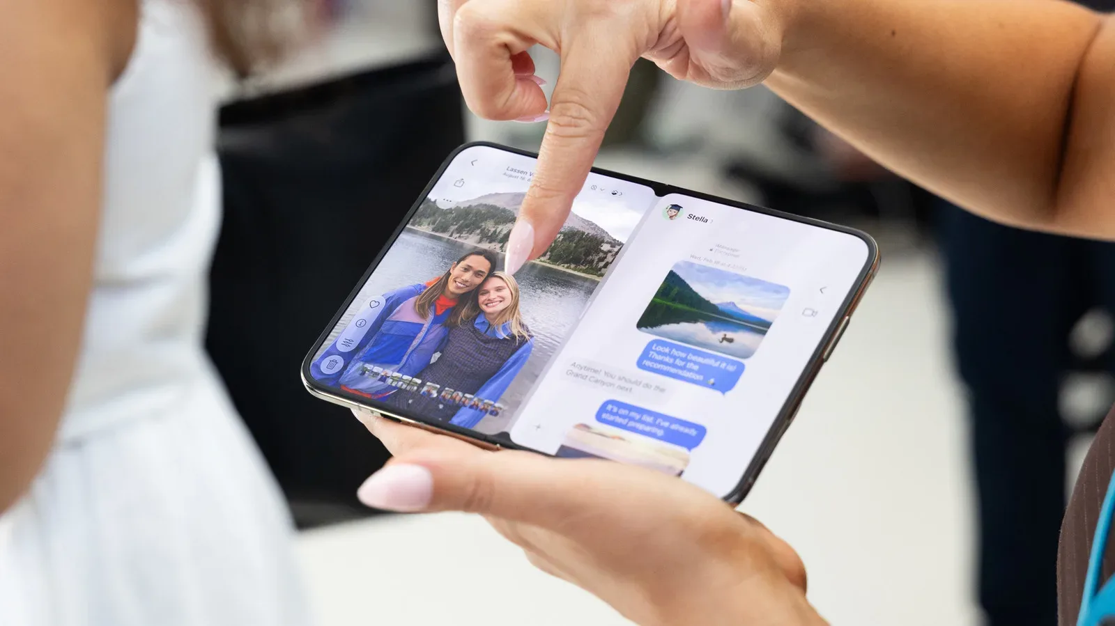 Close view of an iPhone Duo foldable display showing the center crease under soft light