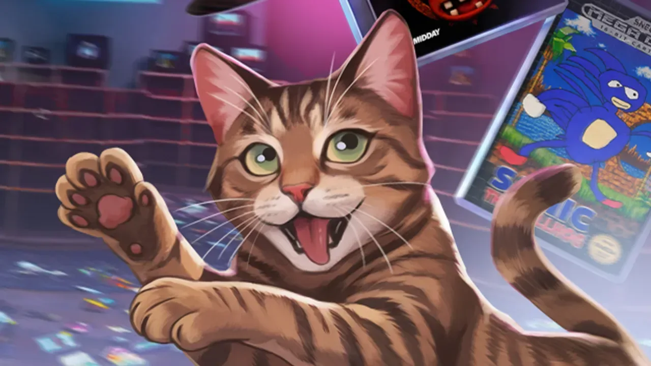 Shelves organized by parody game platforms in My Cat Scattered Games