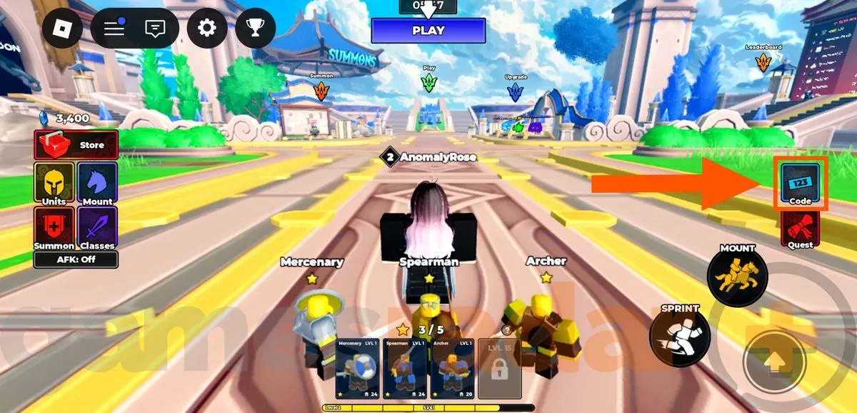 An orange arrow points to the Code button where you can redeem Command an Army codes.
