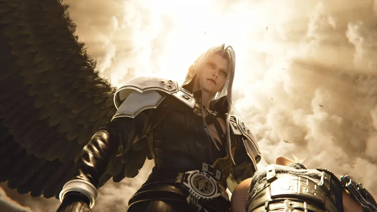 With one black wing open, Sephiroth descends from a cloudy sky in Final Fantasy 7 Revelation