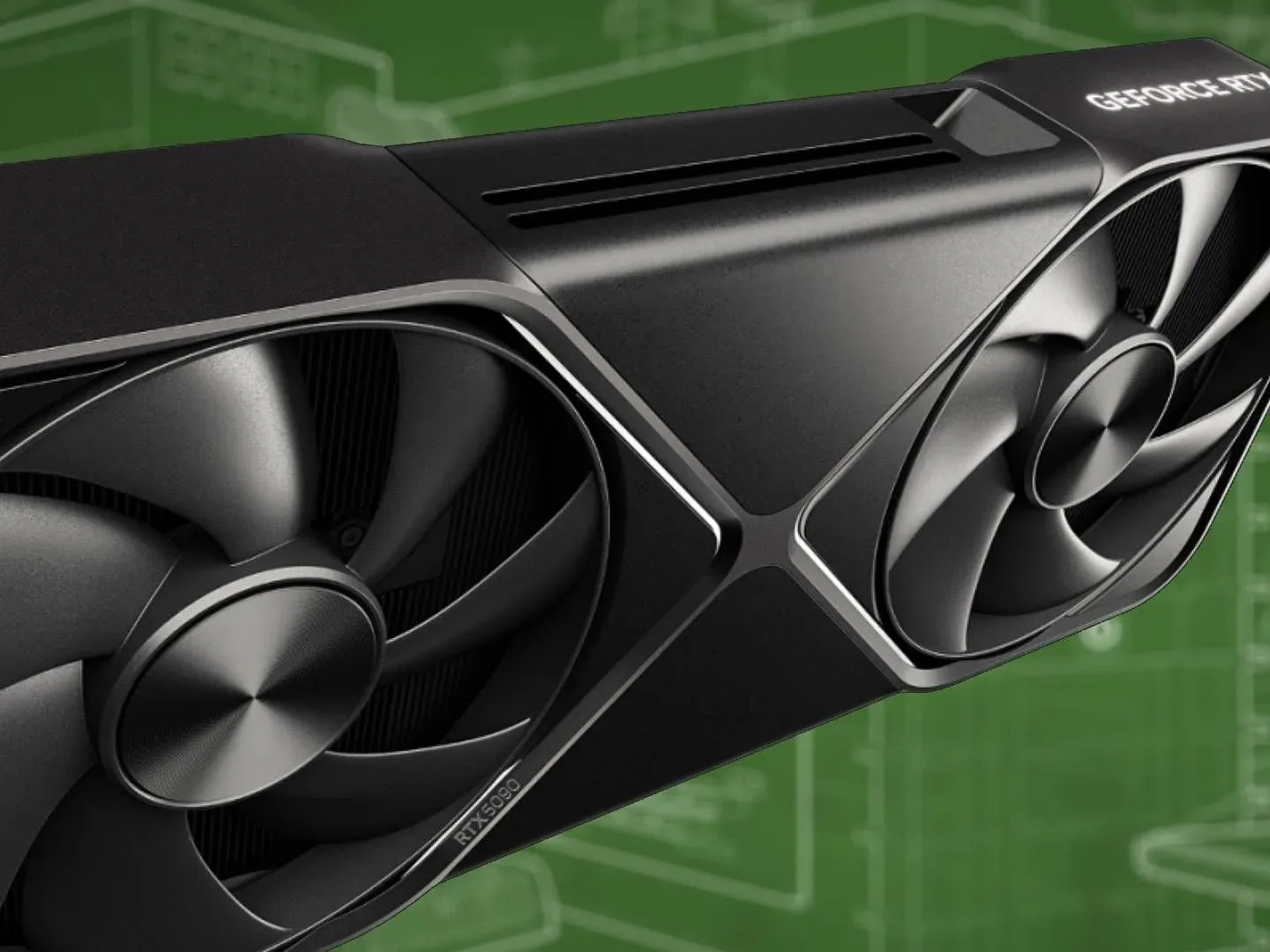 RTX 5090 graphics card with green Nvidia blueprint wallpaper in backdrop.