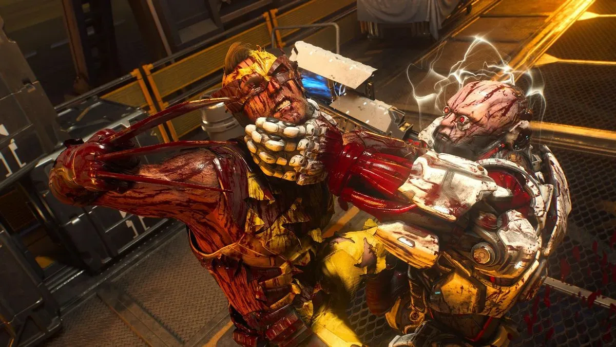 Logan is grappled by a Reaver Brute in Marvel's Wolverine as he's bloodied and his suit is in tatters