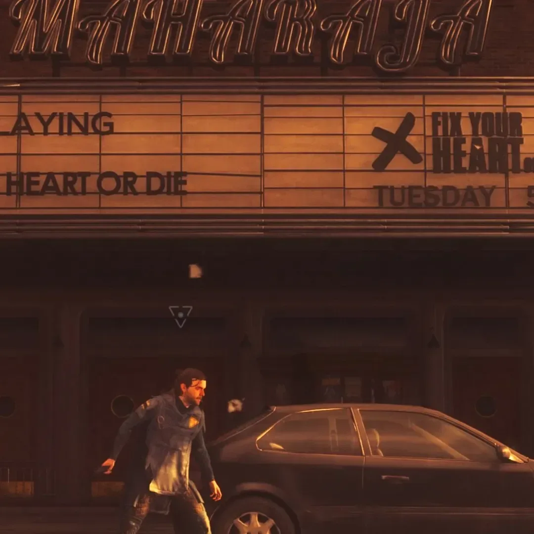 A Control Resonant movie theater marquee reading “Now Playing: Fix Your Heart or Die.”