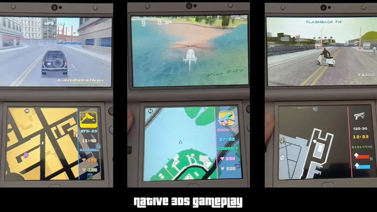 GTA III, Vice City and Liberty City Stories lower-screen interfaces running on New Nintendo 3DS hardware