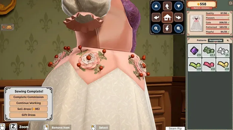 Dressmaker sewing simulation interface with fabric, pattern pieces and dress customization options
