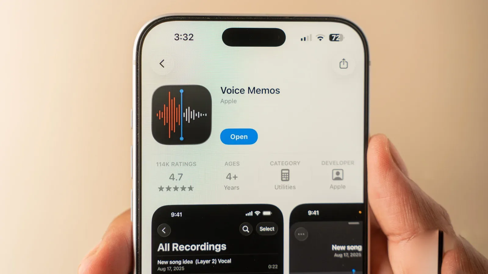 iPhone Voice Memos app showing a saved audio recording and transcript controls