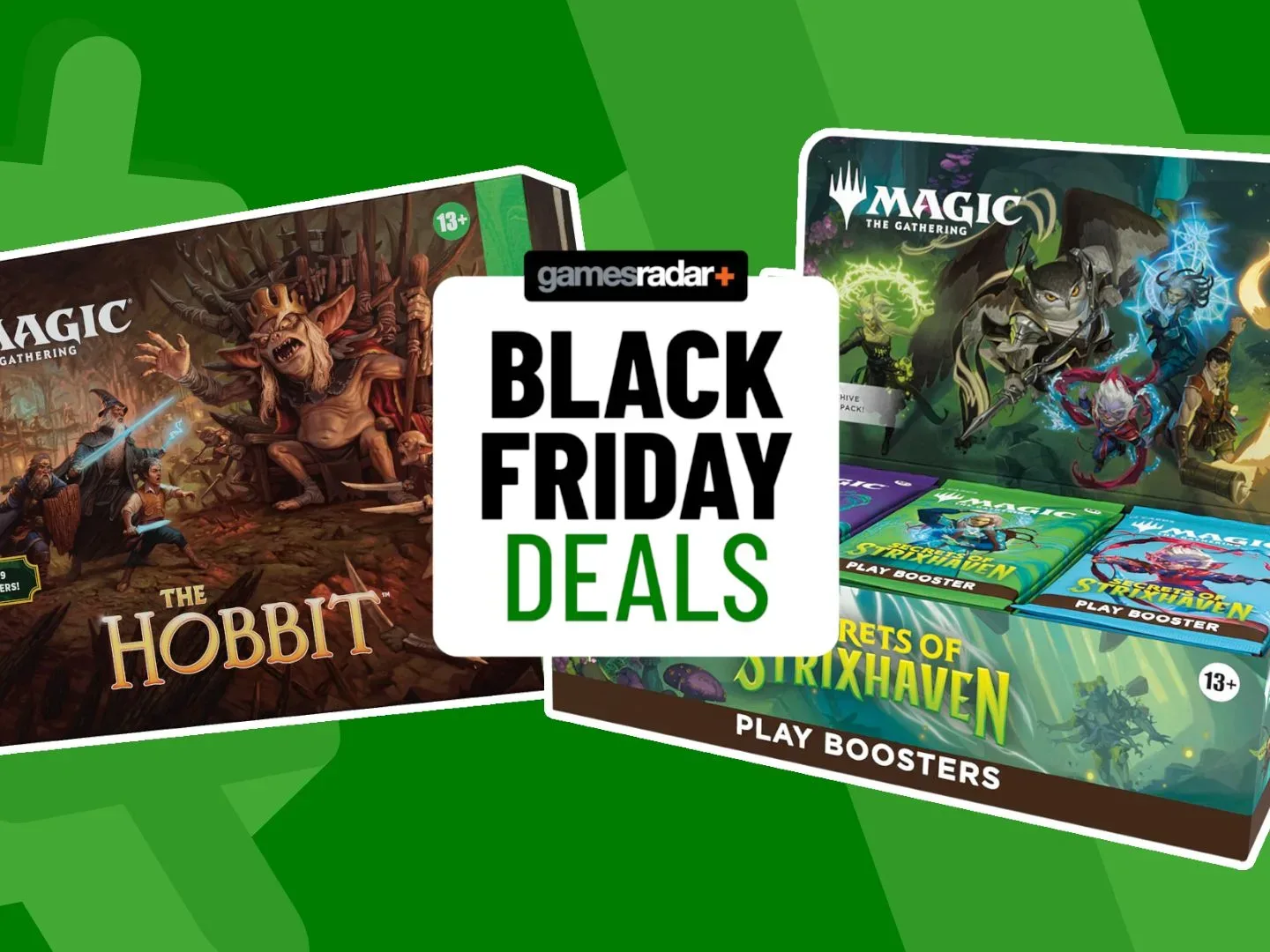 MTG Hobbit and Secrets of Strixhaven product boxes behind a GamesRadar+ Black Friday deals badge, all on a green background