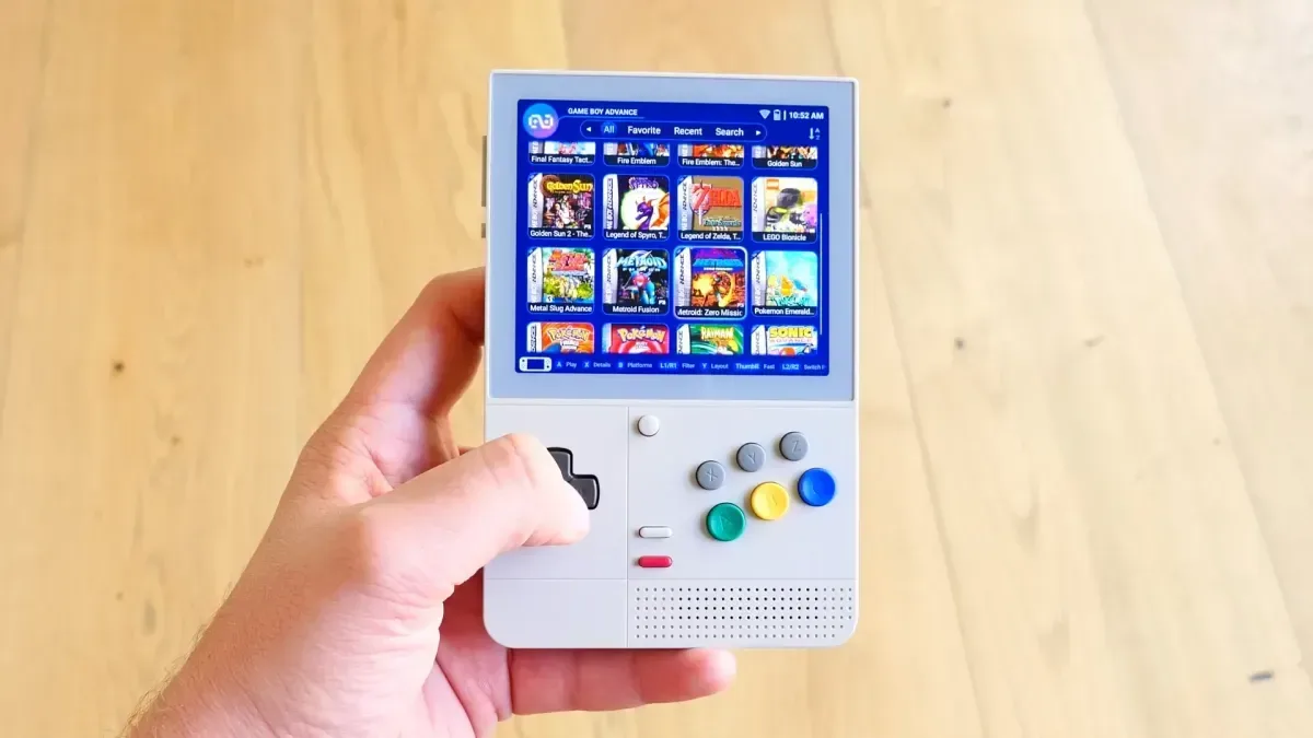 Retroid Pocket Classic handheld shown as a compact vertical retro gaming device