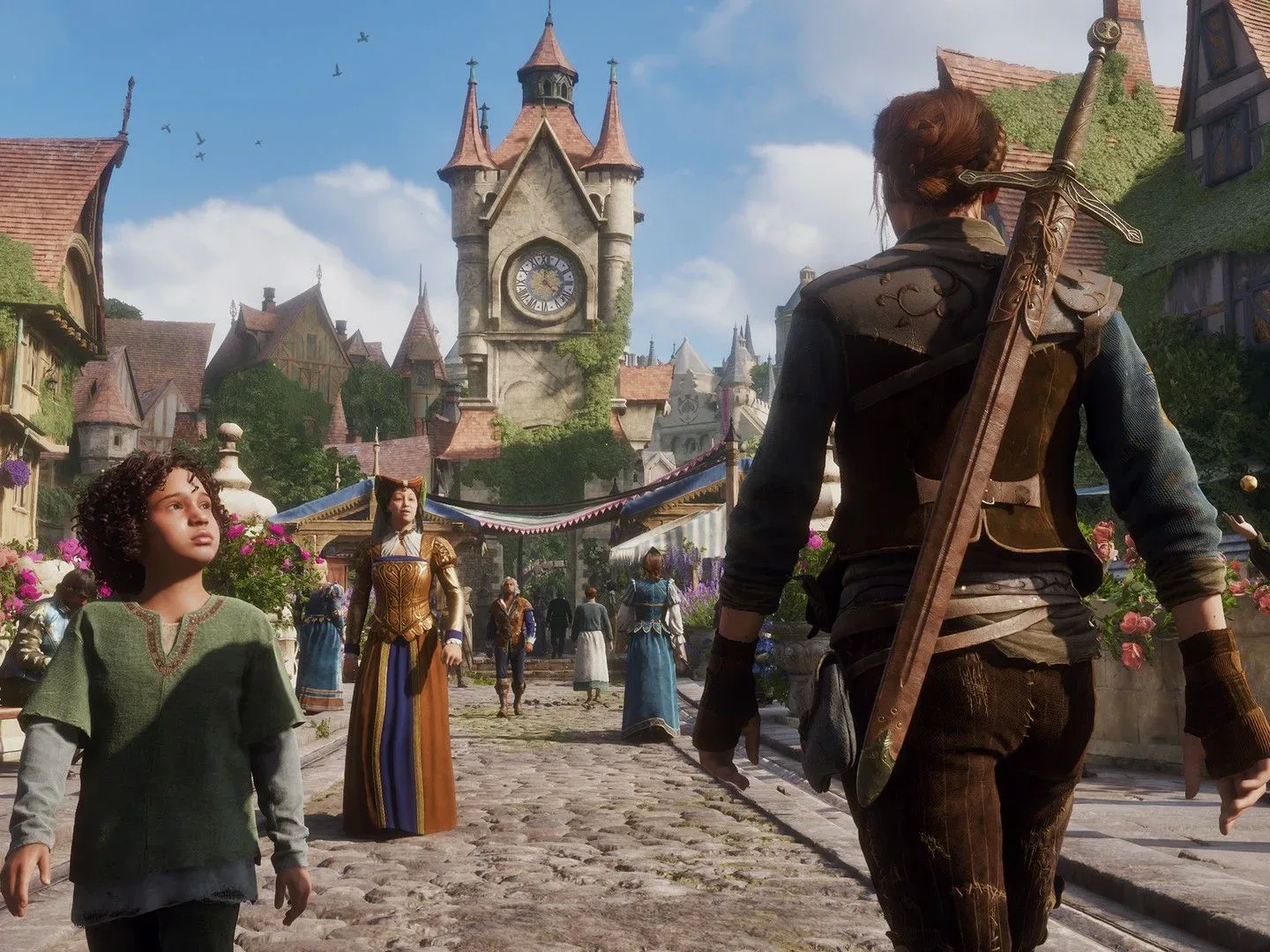 The Hero walks through a quirky, fairytale-looking town in Fable (2027) for Xbox Series X filled with citizens, with a big clocktower in the distance