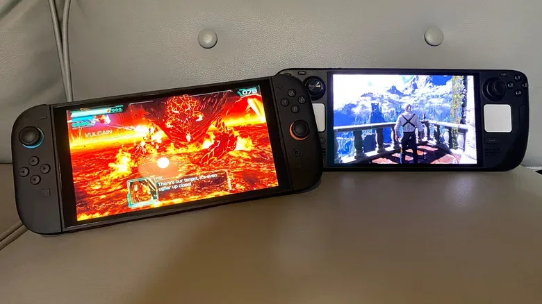 A Nintendo Switch 2 playing Star Fox (2026) next to a Steam Deck OLED playing The Witcher 3: Wild Hunt.