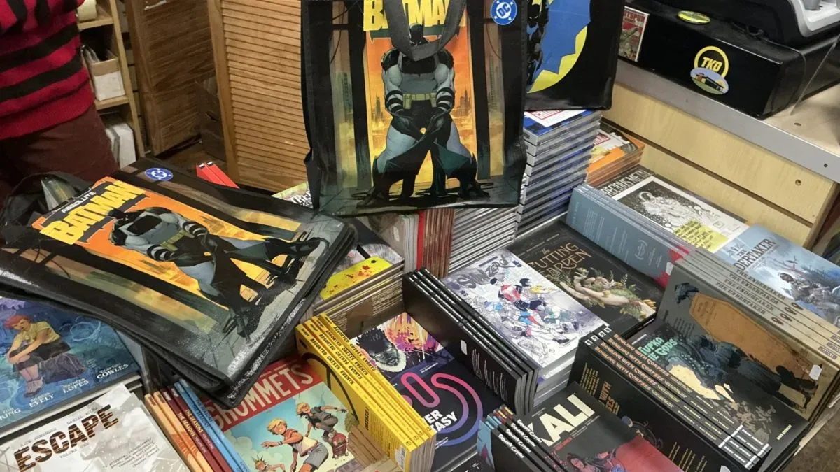 Comic books and graphic novels displayed in a Leeds comic shop
