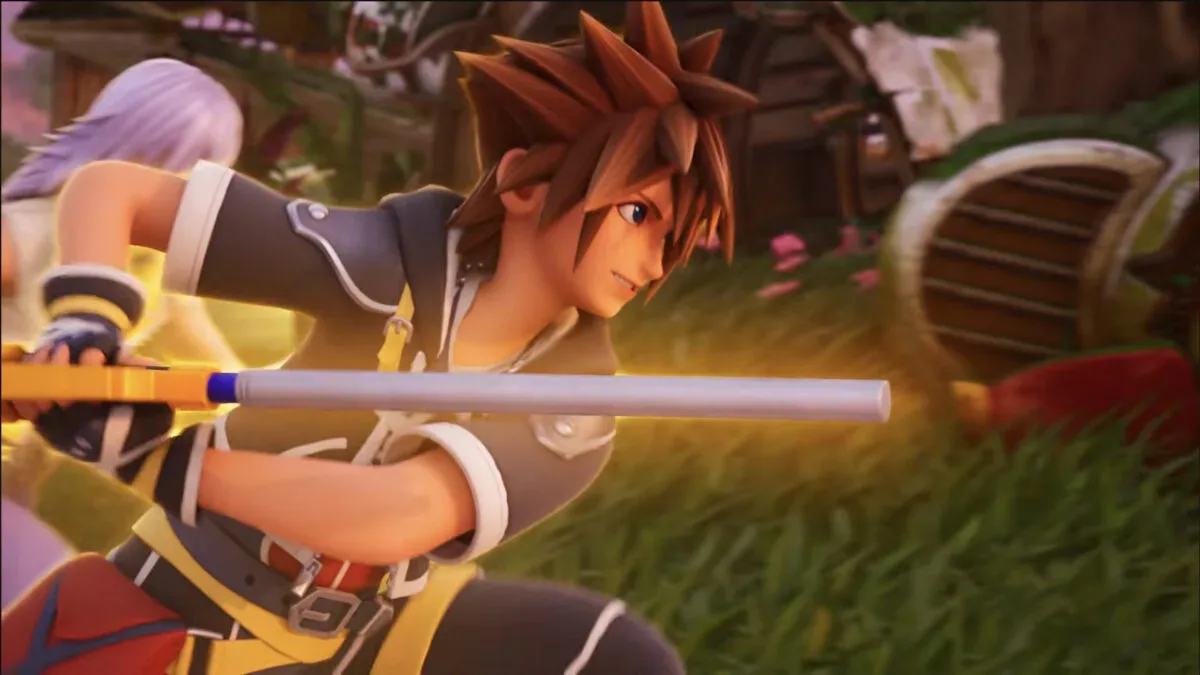Sora, Riku and Kairi with keyblades in the Kingdom Hearts x Fortnite trailer