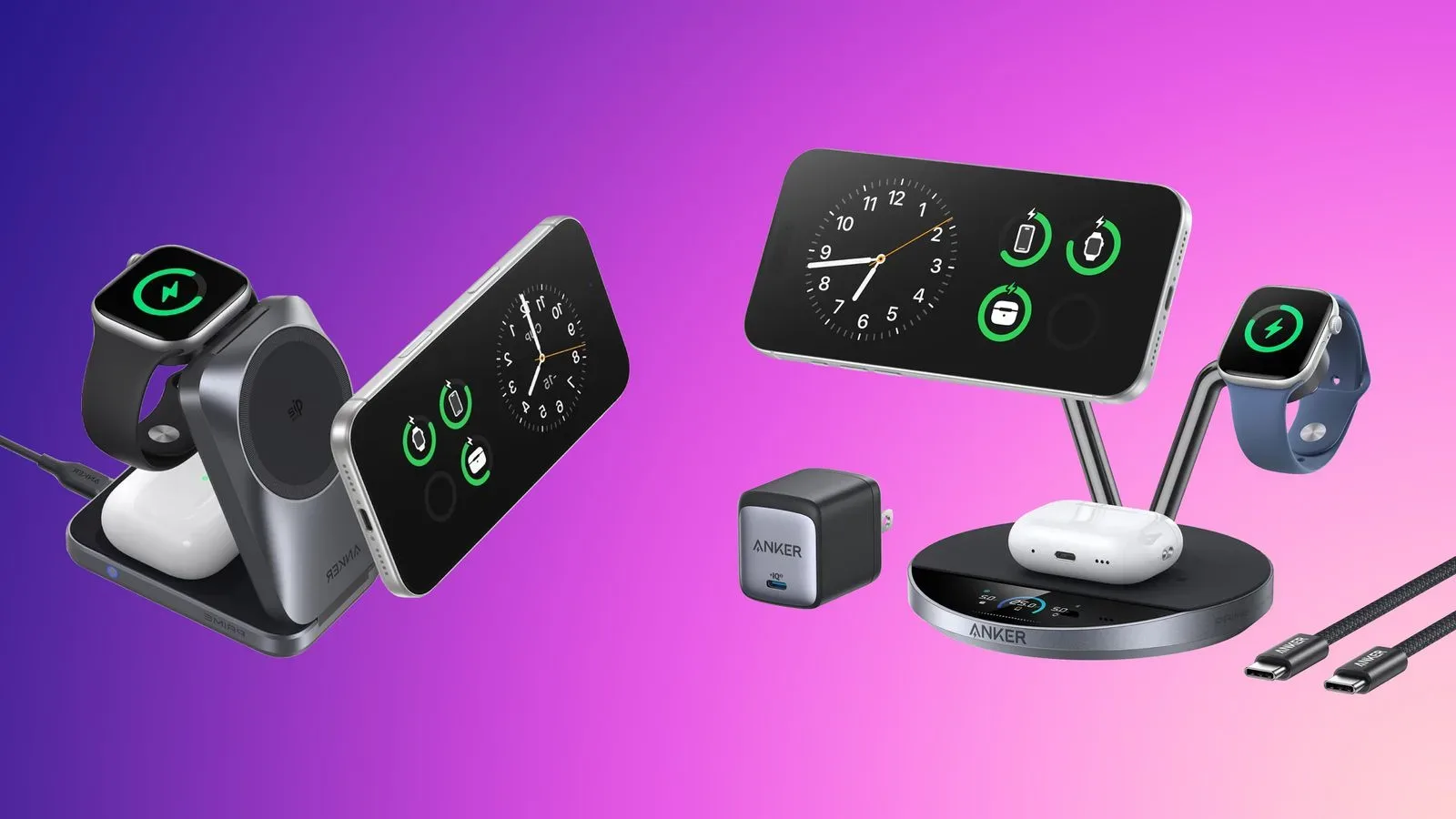 Anker foldable multi-device wireless charger displayed beside an iPhone and earbuds